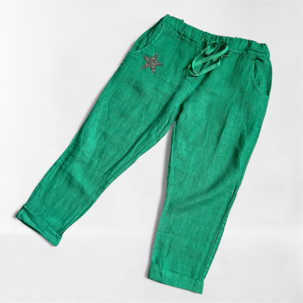 Green Linen Drawstring Pants w/ Crystal Star Detail